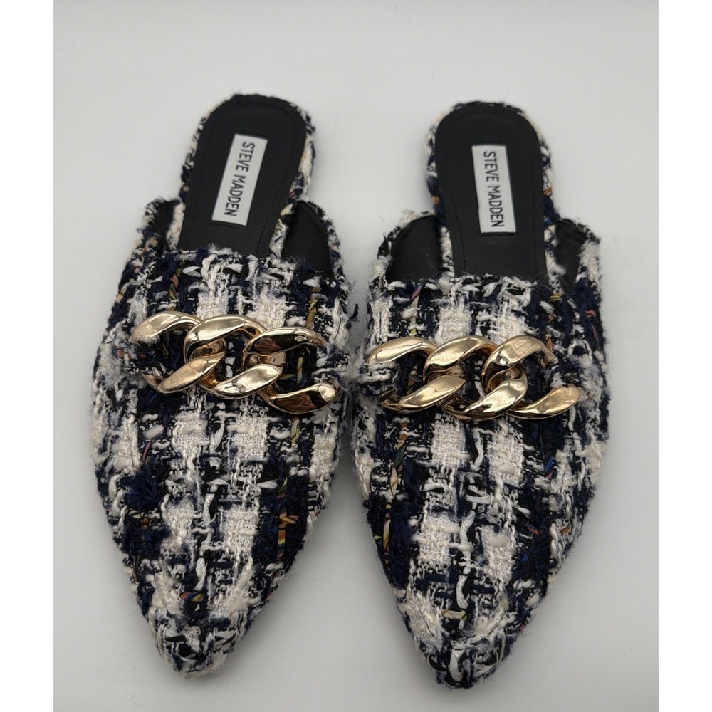 Women's - Steve Madden Cassady Navy and White Tweed Chain Mule Loafers